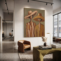 Wide Hats Share Olive - neutral hat figure pair painting by Elliot Vale, modern figurative vertical wall art - styled room scene view 4
