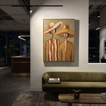 Wide Hats Share Olive - neutral hat figure pair painting by Elliot Vale, modern figurative vertical wall art - styled room scene view 5