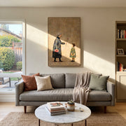 Rose Passes Between Generations - grandmother child flower painting by Elliot Vale, modern figurative vertical wall art - styled room scene view 1