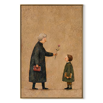Rose Passes Between Generations - grandmother child flower painting by Elliot Vale, modern figurative vertical wall art - wood frame on white background