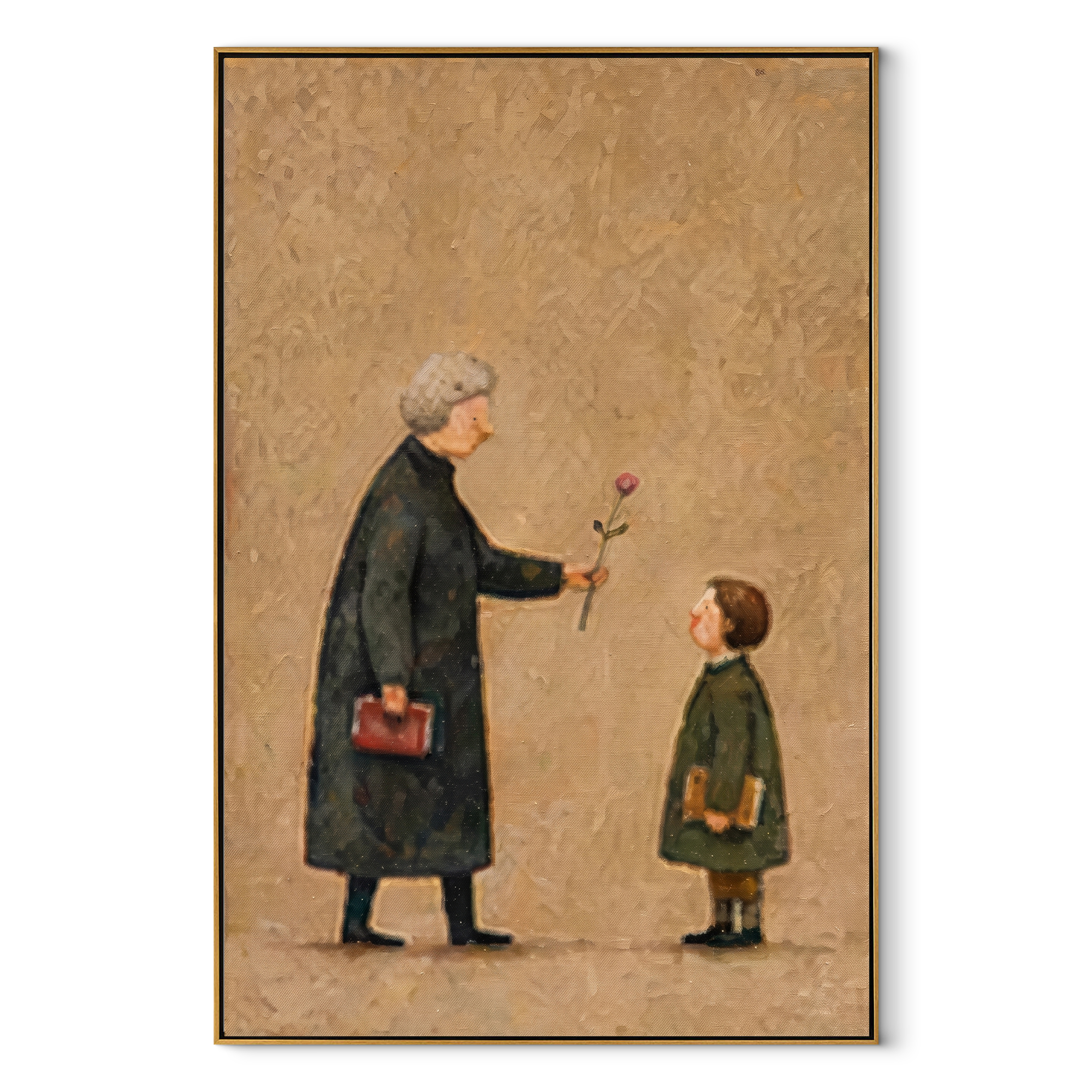 Rose Passes Between Generations - grandmother child flower painting by Elliot Vale, modern figurative vertical wall art - wood frame on white background
