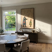 Rose Passes Between Generations - grandmother child flower painting by Elliot Vale, modern figurative vertical wall art - styled room scene view 2