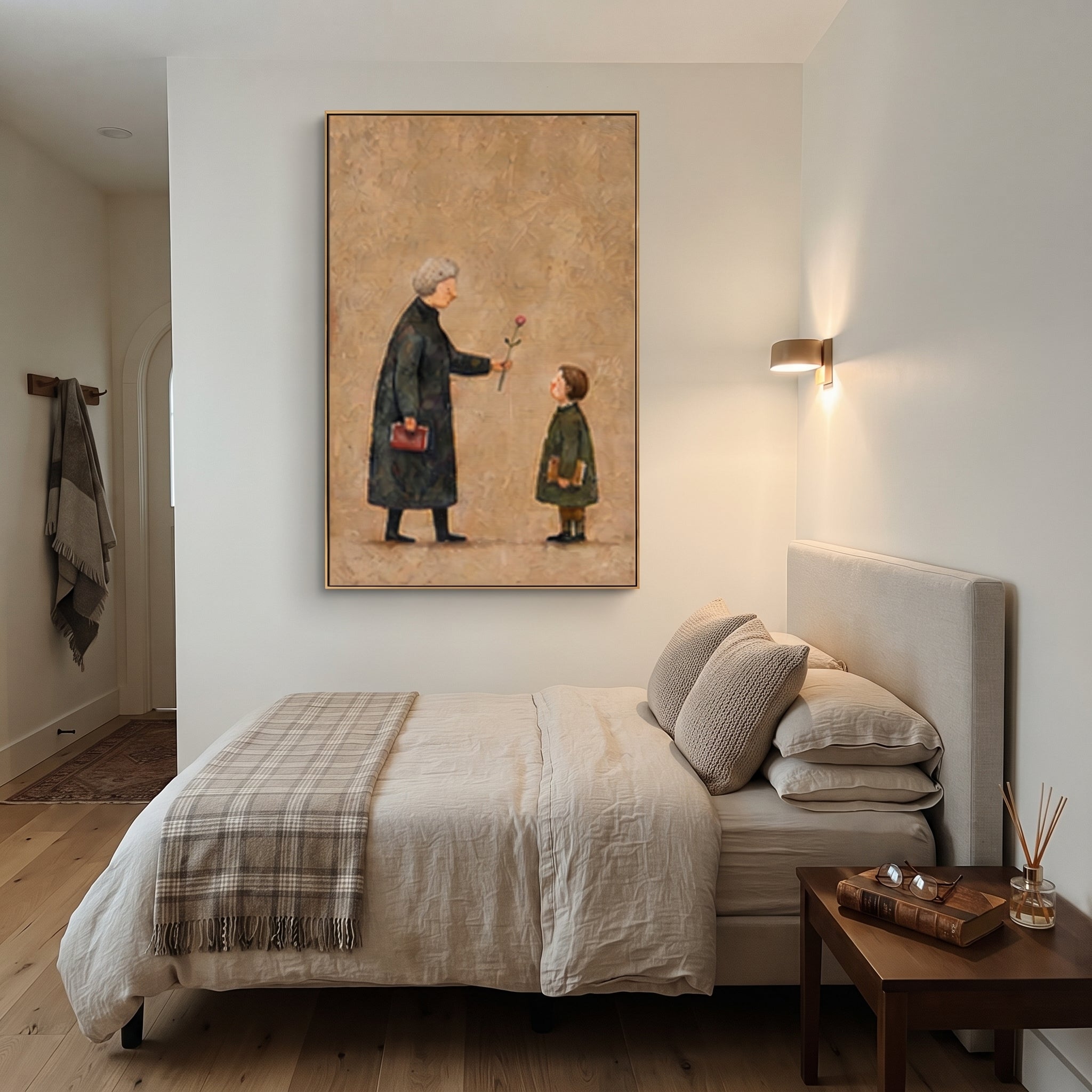 Rose Passes Between Generations - grandmother child flower painting by Elliot Vale, modern figurative vertical wall art - styled room scene view 3