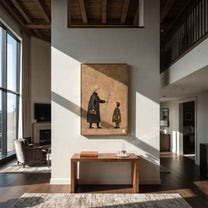 Rose Passes Between Generations - grandmother child flower painting by Elliot Vale, modern figurative vertical wall art - styled room scene view 4