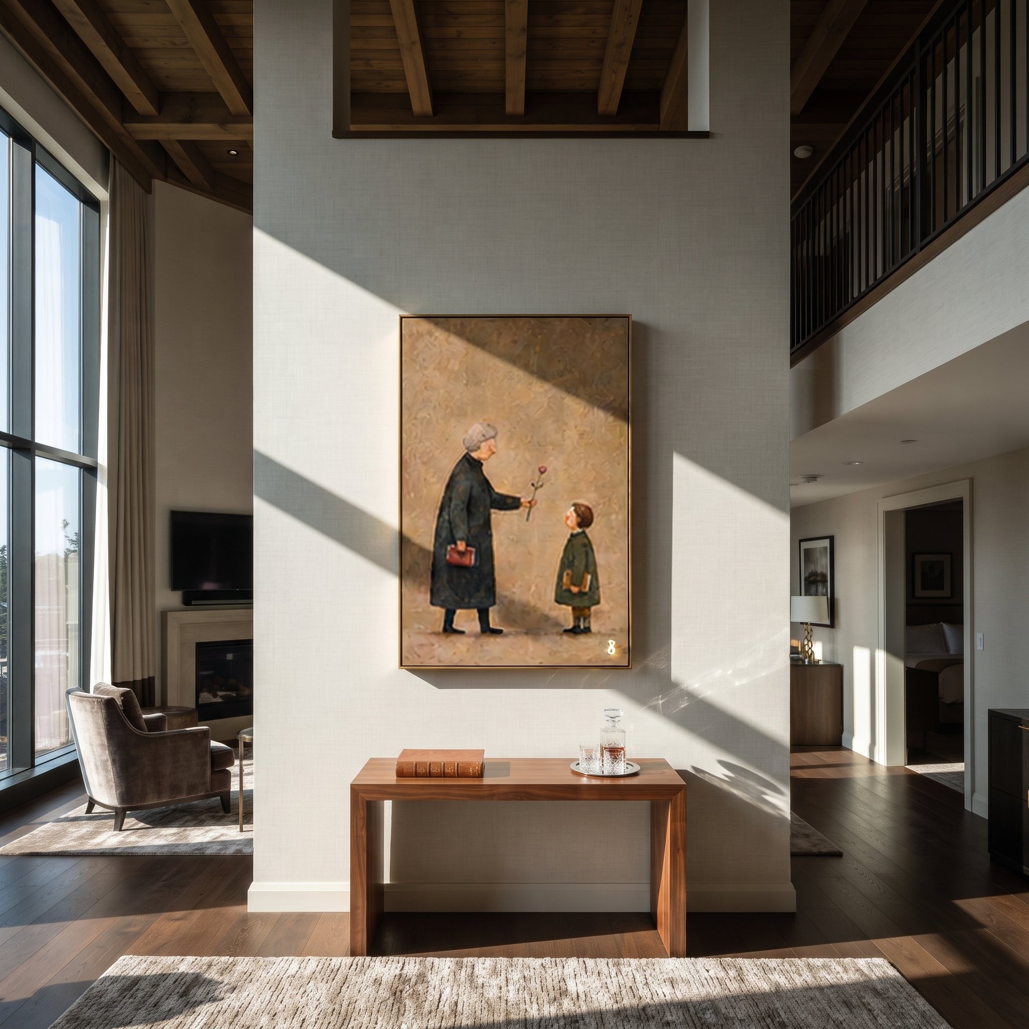 Rose Passes Between Generations - grandmother child flower painting by Elliot Vale, modern figurative vertical wall art - styled room scene view 4