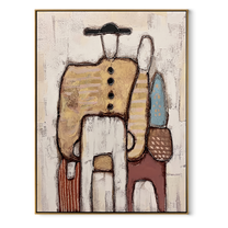 Bags Wait Beside Figures - abstract traveler family painting by Elliot Vale, modern figurative vertical wall art - wood frame on white background