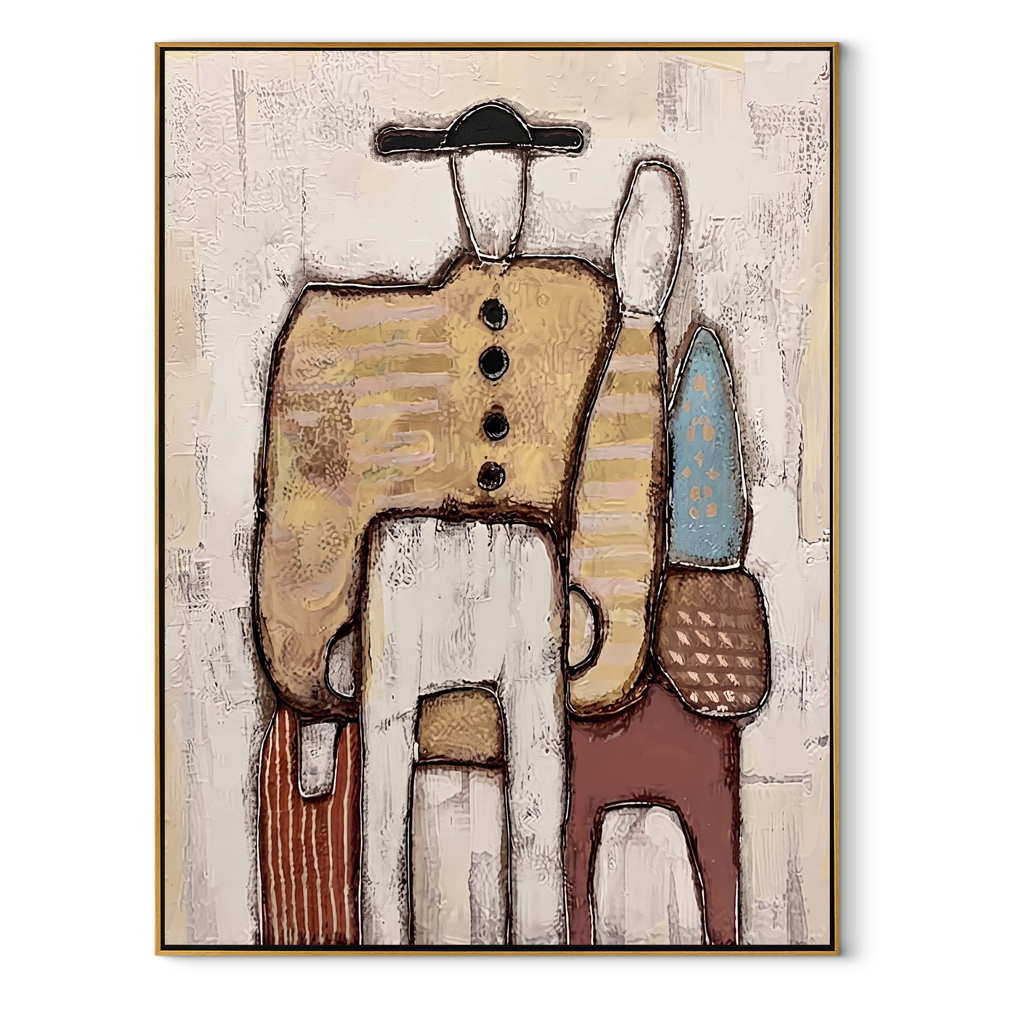 Bags Wait Beside Figures - abstract traveler family painting by Elliot Vale, modern figurative vertical wall art - wood frame on white background