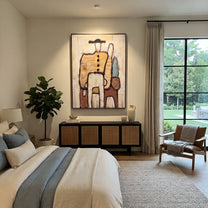 Bags Wait Beside Figures - abstract traveler family painting by Elliot Vale, modern figurative vertical wall art - styled room scene view 2