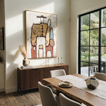 Bags Wait Beside Figures - abstract traveler family painting by Elliot Vale, modern figurative vertical wall art - styled room scene view 3