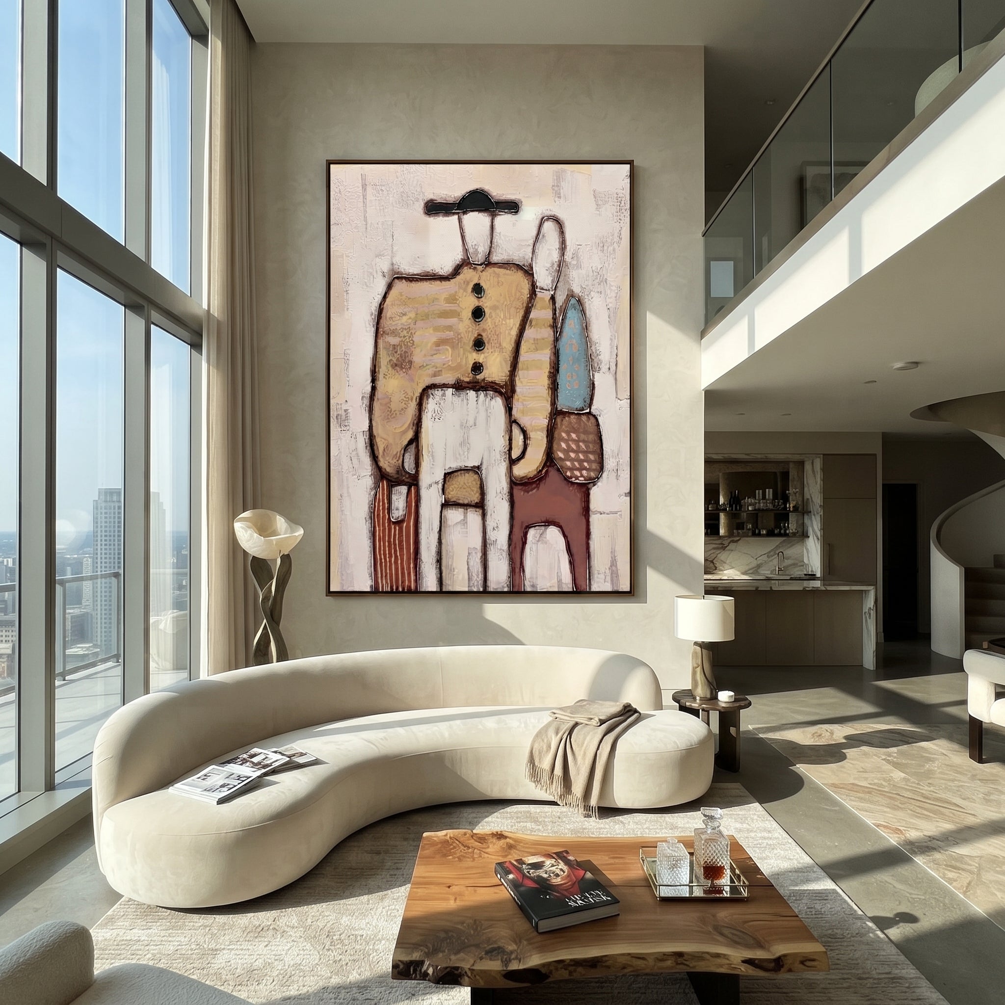 Bags Wait Beside Figures - abstract traveler family painting by Elliot Vale, modern figurative vertical wall art - styled room scene view 5