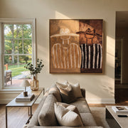 Brown Stripes Divide Silence - two tone figure pair painting by Elliot Vale, modern figurative square wall art - styled room scene view 1