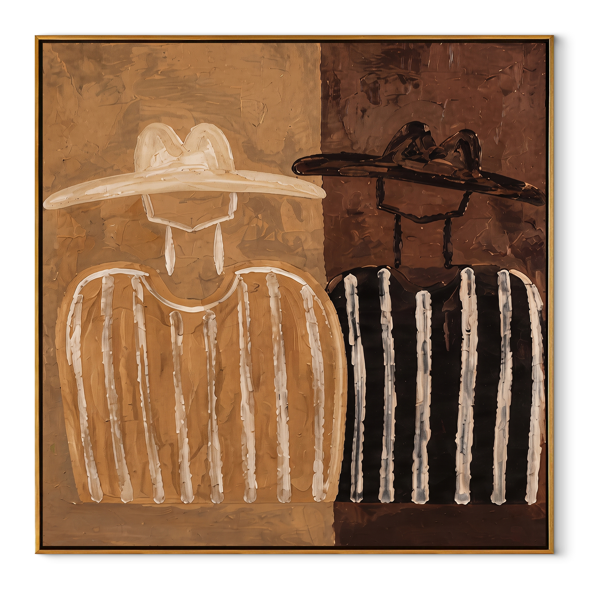 Brown Stripes Divide Silence - two tone figure pair painting by Elliot Vale, modern figurative square wall art - wood frame on white background