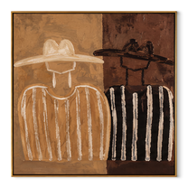 Brown Stripes Divide Silence - two tone figure pair painting by Elliot Vale, modern figurative square wall art - wood frame on white background
