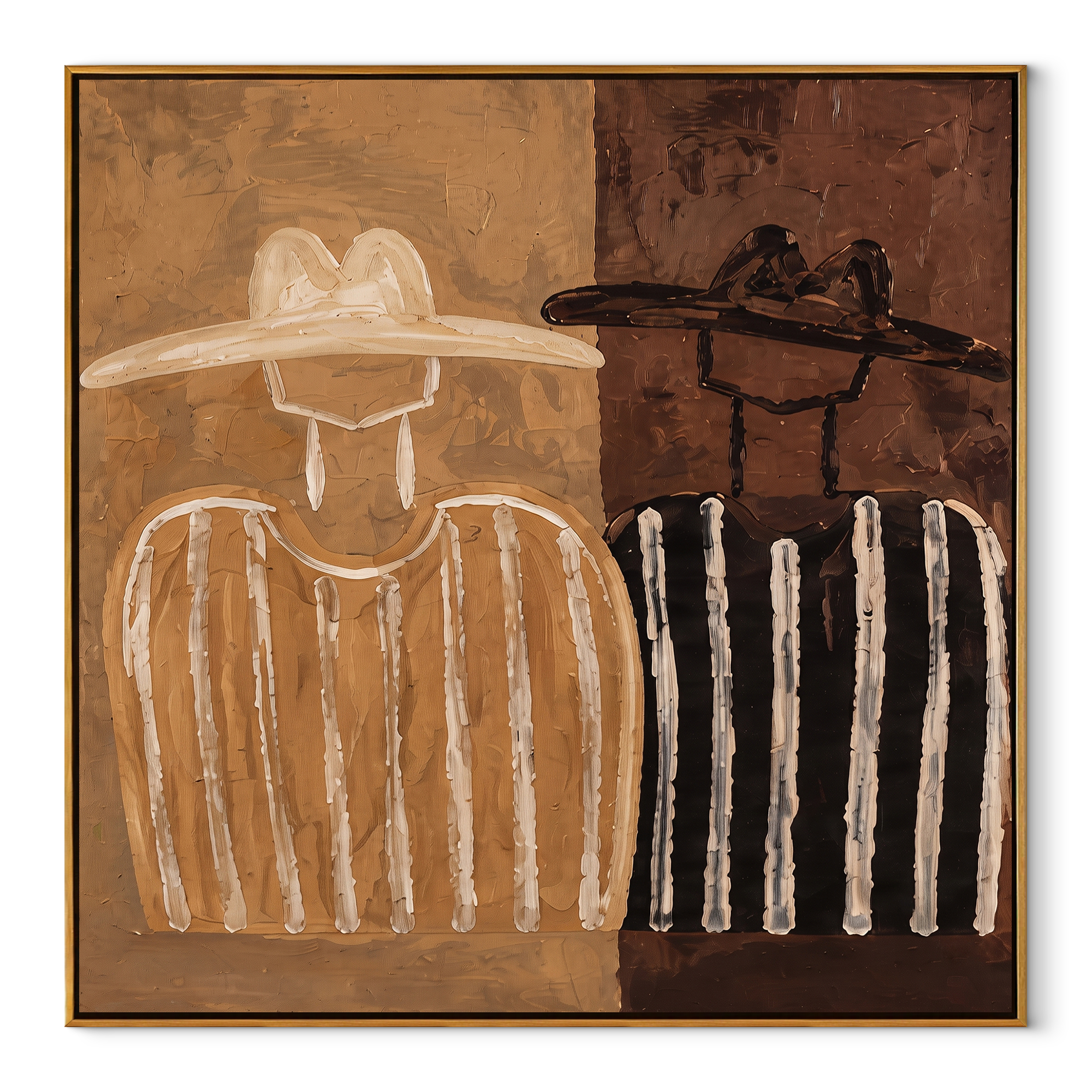 Brown Stripes Divide Silence - two tone figure pair painting by Elliot Vale, modern figurative square wall art - wood frame on white background