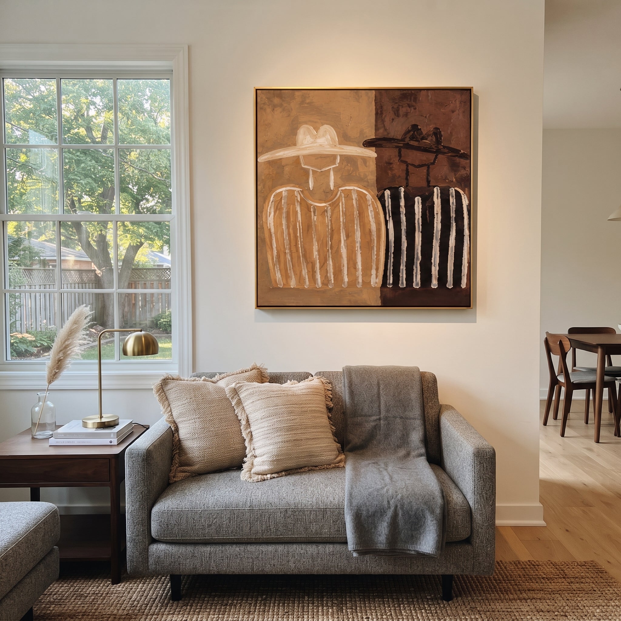 Brown Stripes Divide Silence - two tone figure pair painting by Elliot Vale, modern figurative square wall art - styled room scene view 2