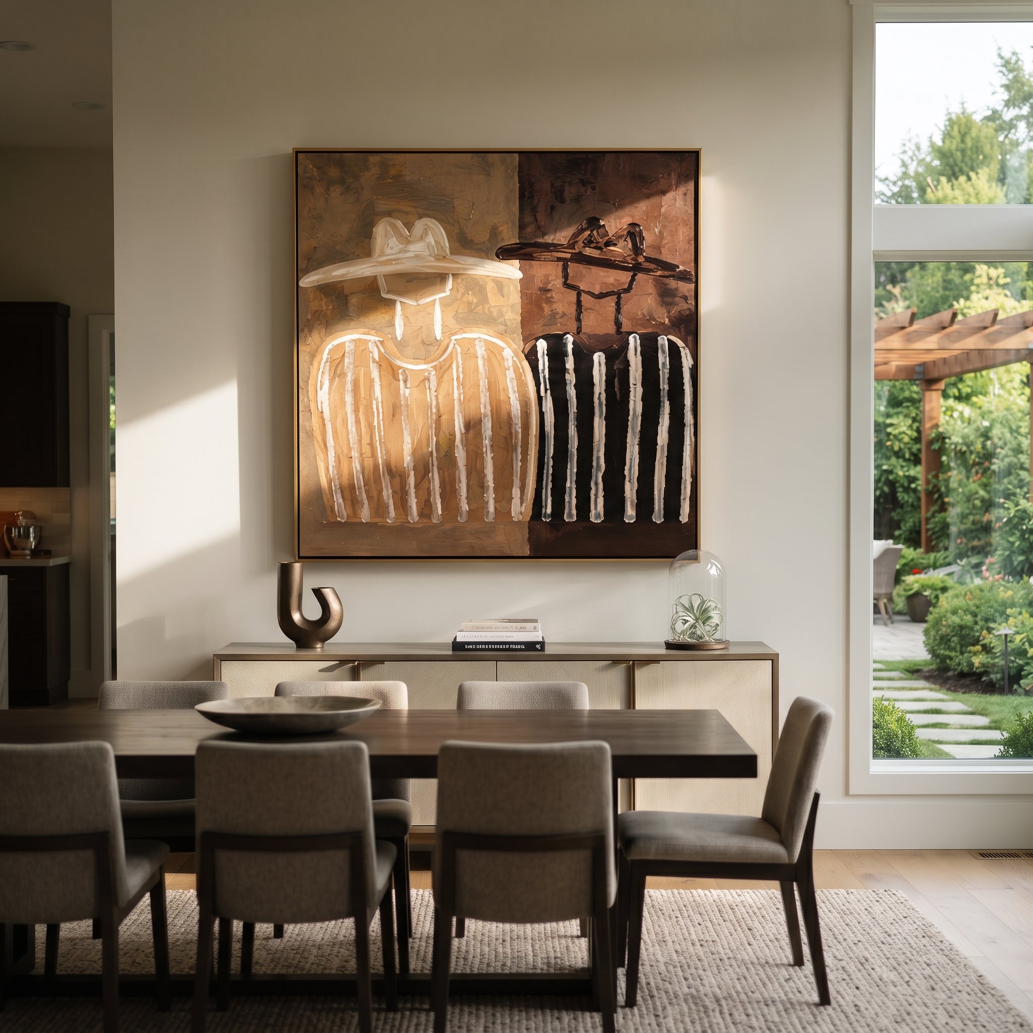 Brown Stripes Divide Silence - two tone figure pair painting by Elliot Vale, modern figurative square wall art - styled room scene view 3