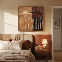 Brown Stripes Divide Silence - two tone figure pair painting by Elliot Vale, modern figurative square wall art - styled room scene view 4