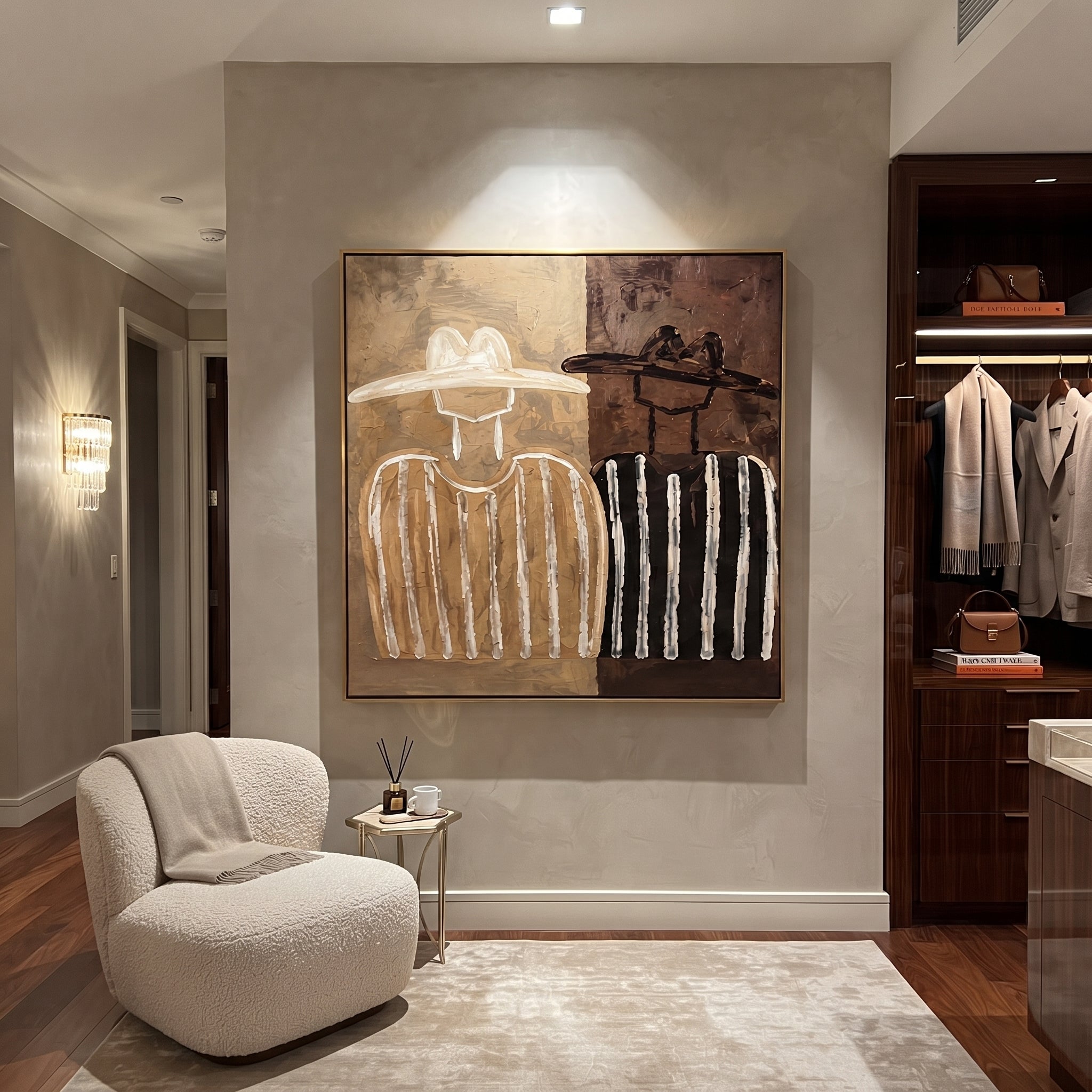 Brown Stripes Divide Silence - two tone figure pair painting by Elliot Vale, modern figurative square wall art - styled room scene view 5