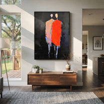 Red Figure Guards Shadow - abstract standing pair painting by Elliot Vale, modern figurative vertical wall art - styled room scene view 1