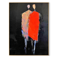 Red Figure Guards Shadow - abstract standing pair painting by Elliot Vale, modern figurative vertical wall art - wood frame on white background