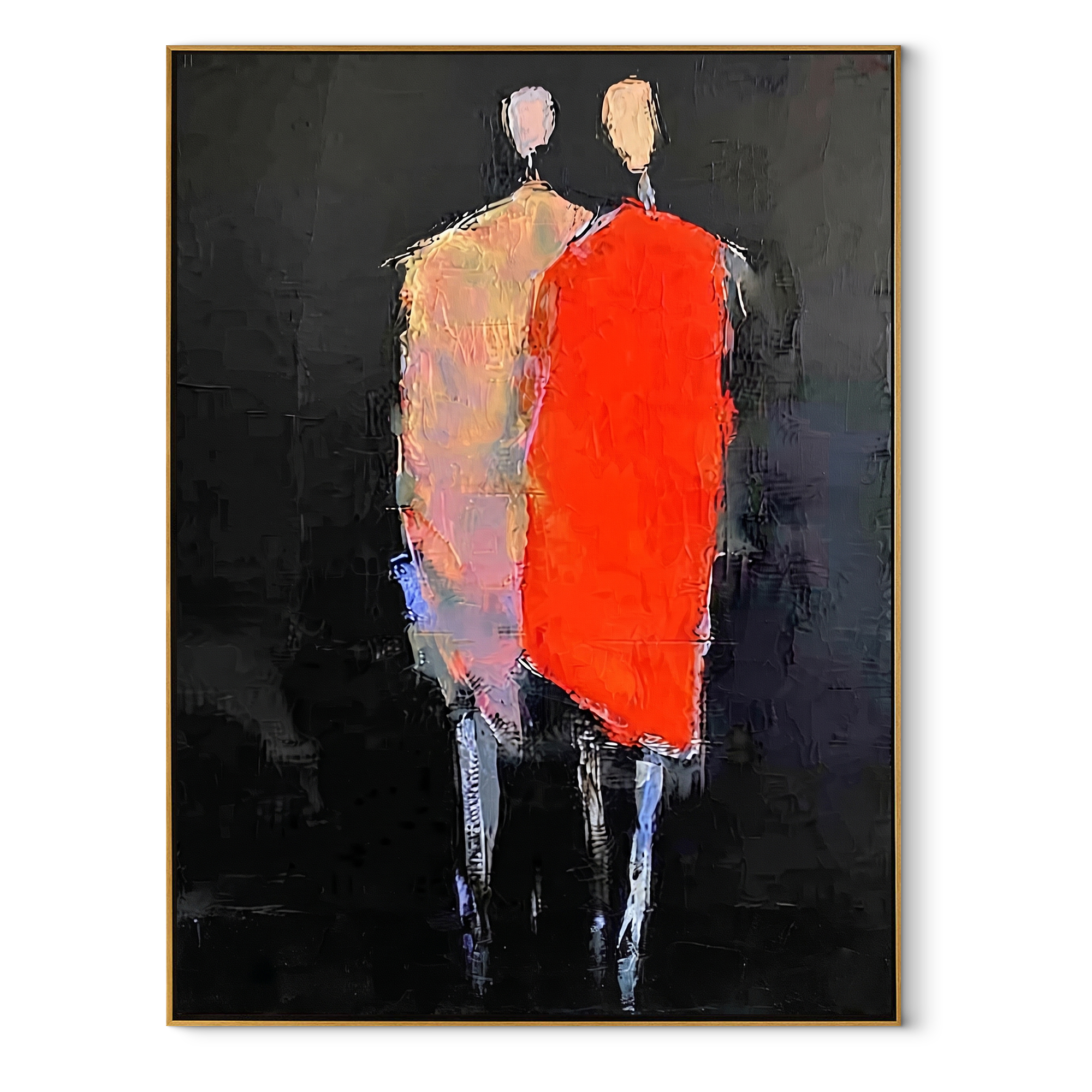Red Figure Guards Shadow - abstract standing pair painting by Elliot Vale, modern figurative vertical wall art - wood frame on white background