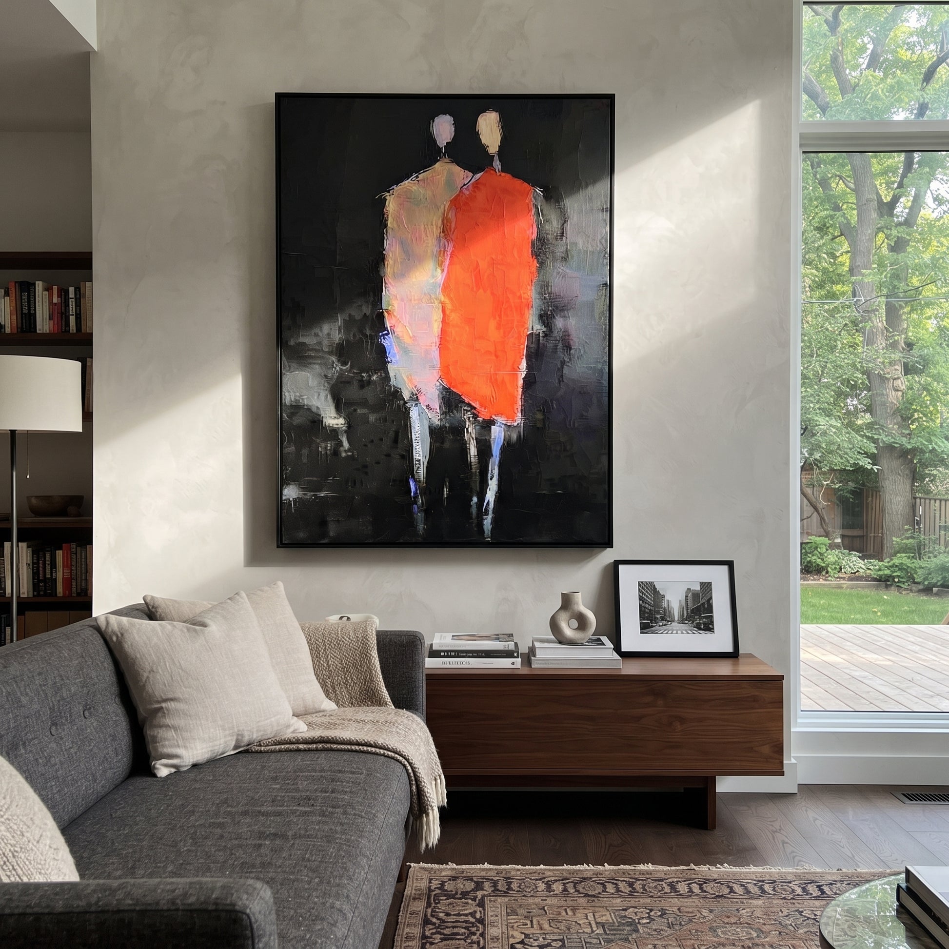 Red Figure Guards Shadow - abstract standing pair painting by Elliot Vale, modern figurative vertical wall art - styled room scene view 2