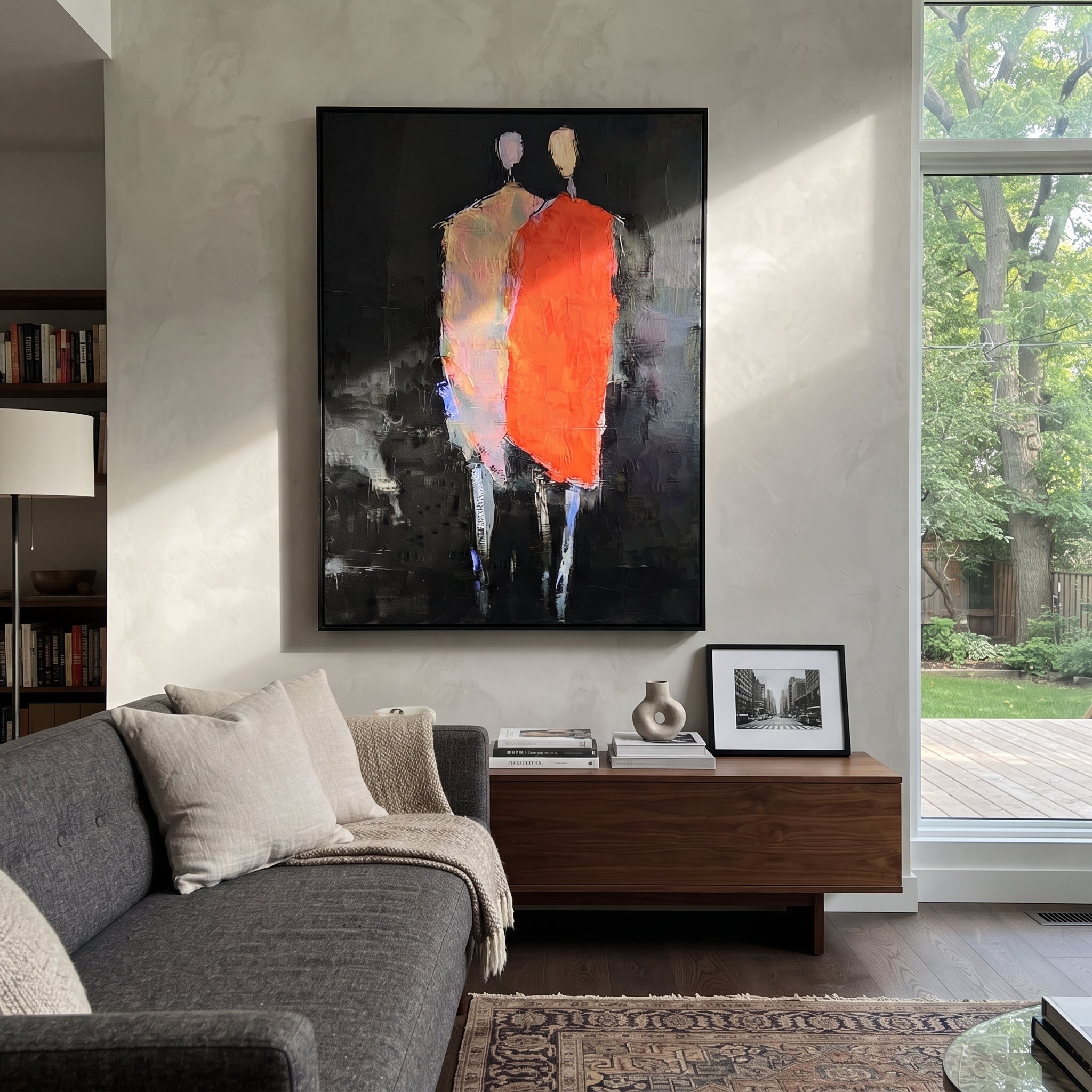 Red Figure Guards Shadow - abstract standing pair painting by Elliot Vale, modern figurative vertical wall art - styled room scene view 2