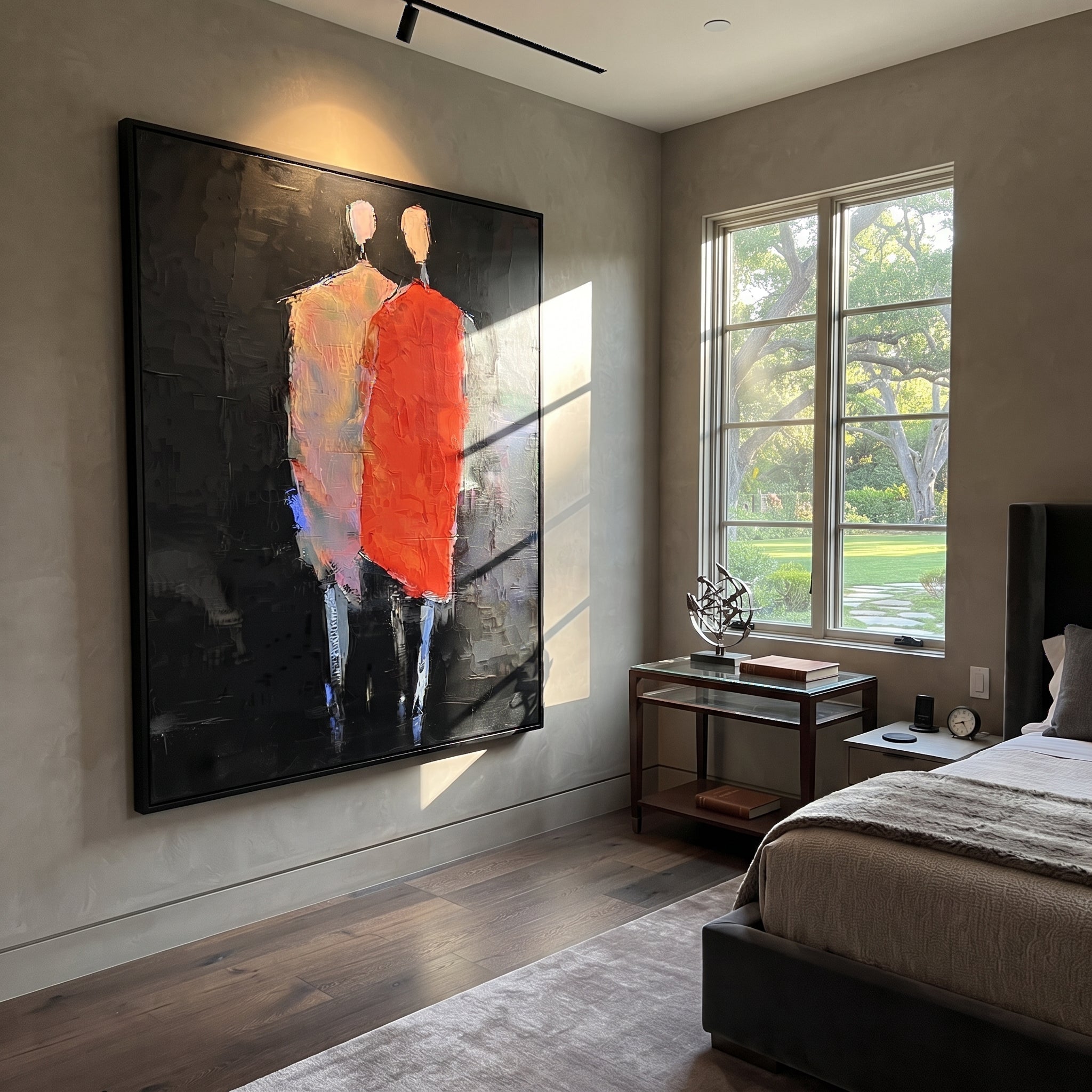 Red Figure Guards Shadow - abstract standing pair painting by Elliot Vale, modern figurative vertical wall art - styled room scene view 3