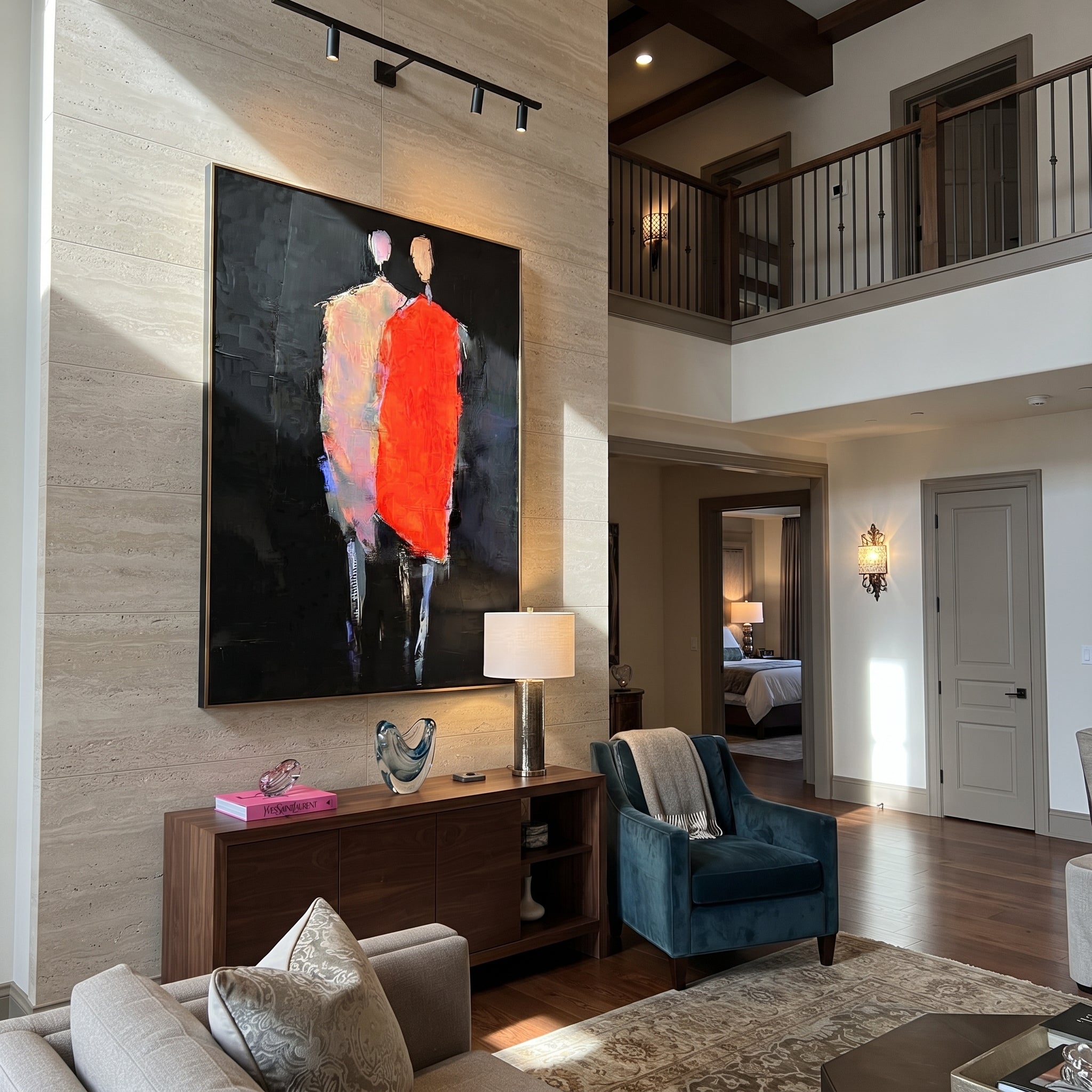 Red Figure Guards Shadow - abstract standing pair painting by Elliot Vale, modern figurative vertical wall art - styled room scene view 4