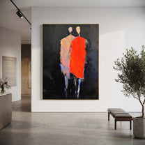 Red Figure Guards Shadow - abstract standing pair painting by Elliot Vale, modern figurative vertical wall art - styled room scene view 5