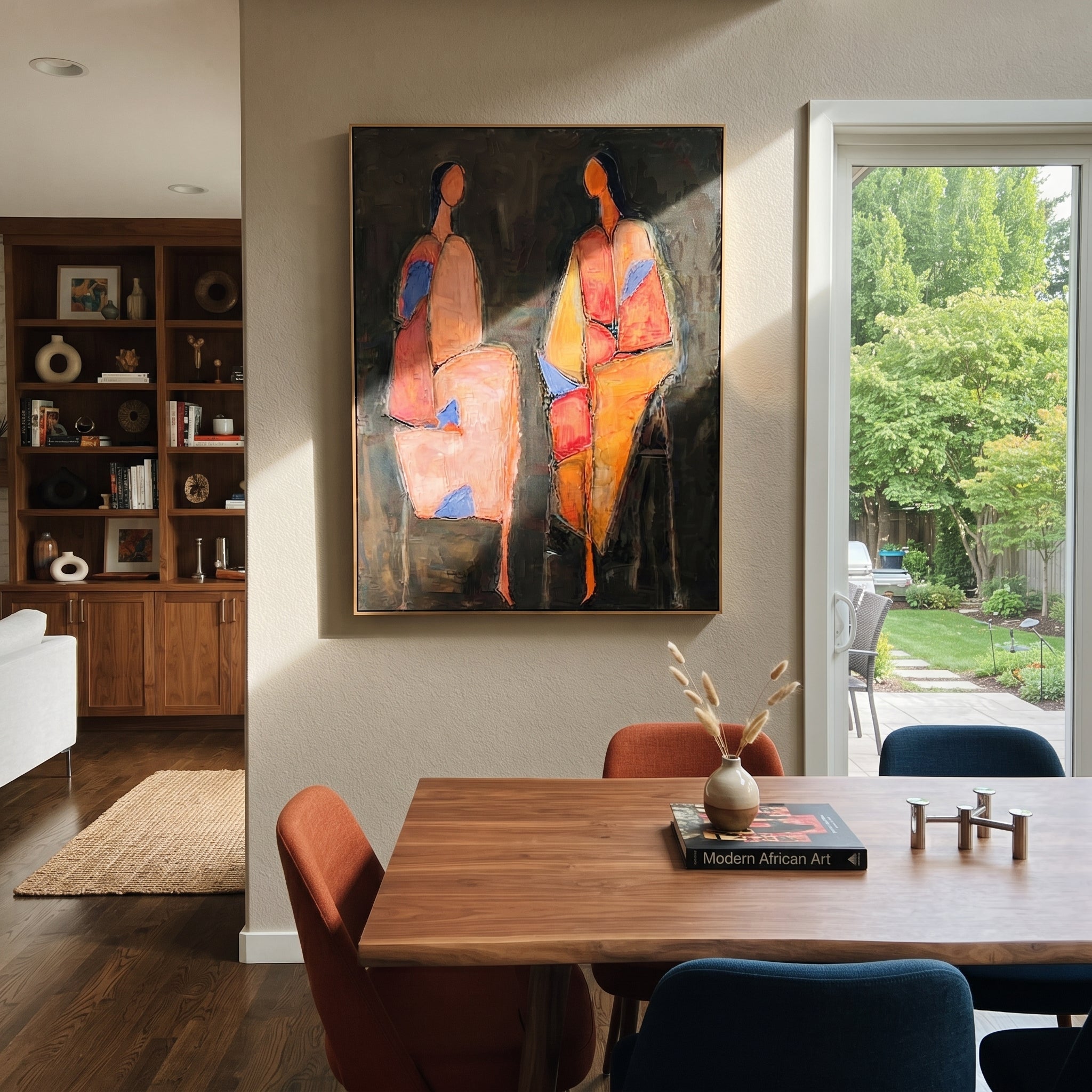 Blue Shapes Hold Conversation - abstract seated pair painting by Elliot Vale, modern figurative vertical wall art - styled room scene view 1