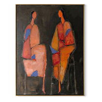 Blue Shapes Hold Conversation - abstract seated pair painting by Elliot Vale, modern figurative vertical wall art - wood frame on white background