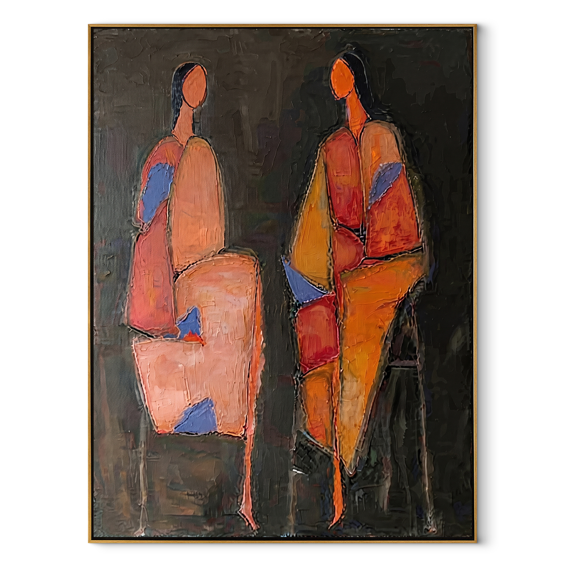 Blue Shapes Hold Conversation - abstract seated pair painting by Elliot Vale, modern figurative vertical wall art - wood frame on white background