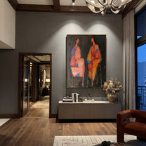 Blue Shapes Hold Conversation - abstract seated pair painting by Elliot Vale, modern figurative vertical wall art - styled room scene view 3