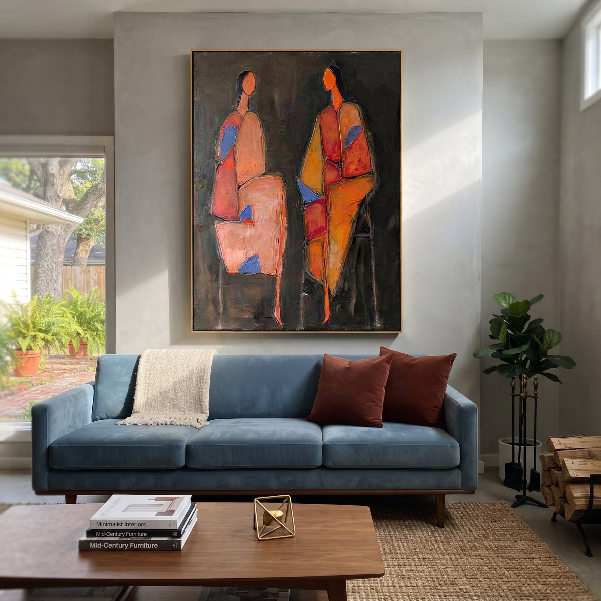 Blue Shapes Hold Conversation - abstract seated pair painting by Elliot Vale, modern figurative vertical wall art - styled room scene view 4