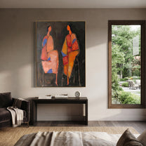 Blue Shapes Hold Conversation - abstract seated pair painting by Elliot Vale, modern figurative vertical wall art - styled room scene view 5