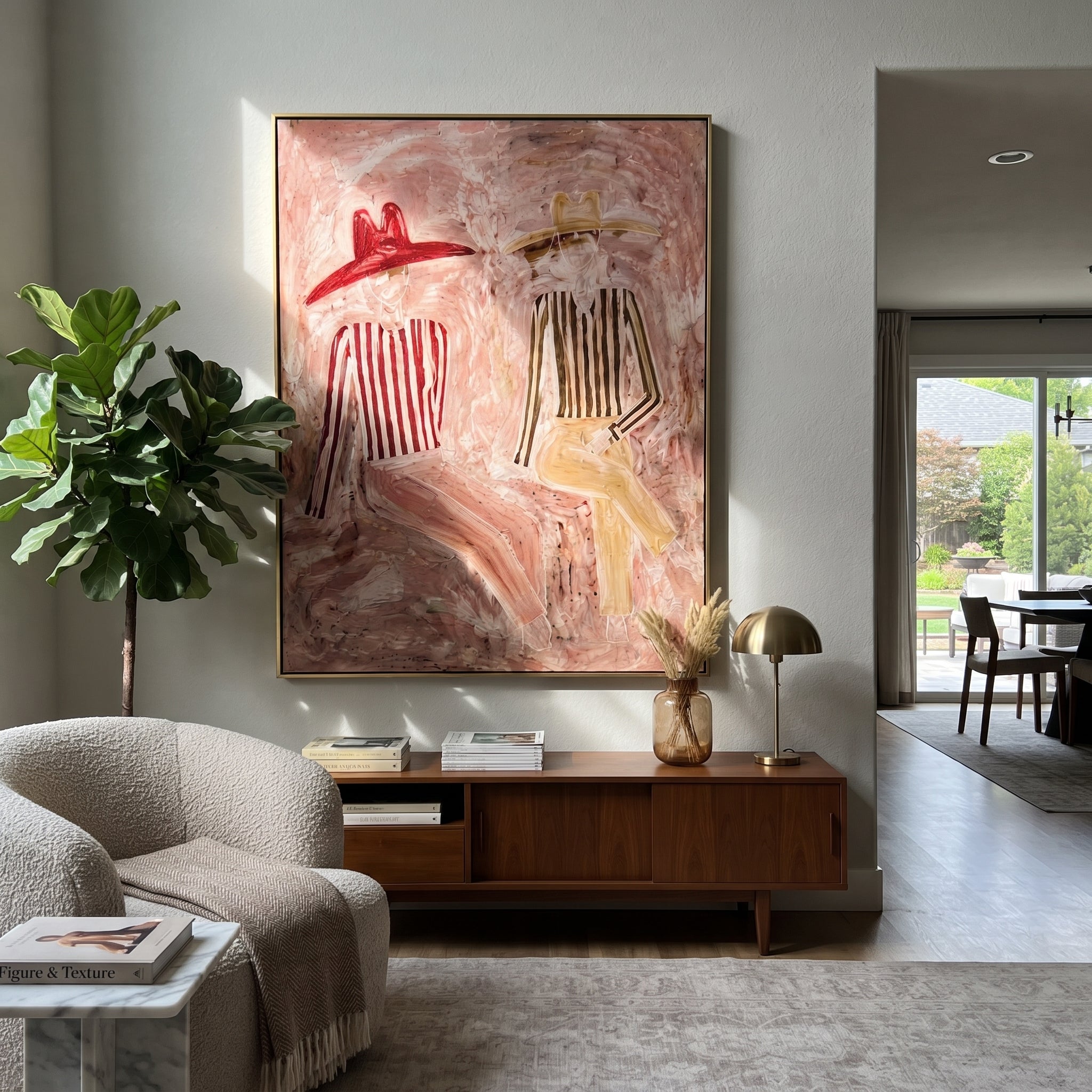 Two Hats Drift Blush - reclining hat figure pair painting by Elliot Vale, modern figurative vertical wall art - styled room scene view 1