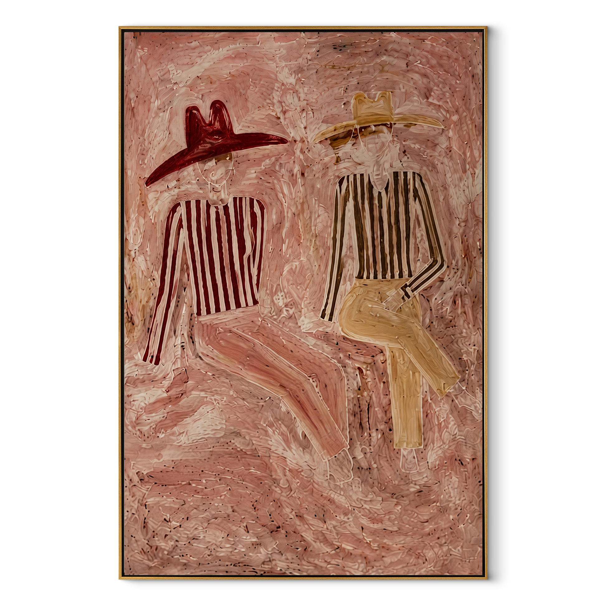 Two Hats Drift Blush - reclining hat figure pair painting by Elliot Vale, modern figurative vertical wall art - wood frame on white background