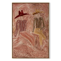 Two Hats Drift Blush - reclining hat figure pair painting by Elliot Vale, modern figurative vertical wall art - wood frame on white background