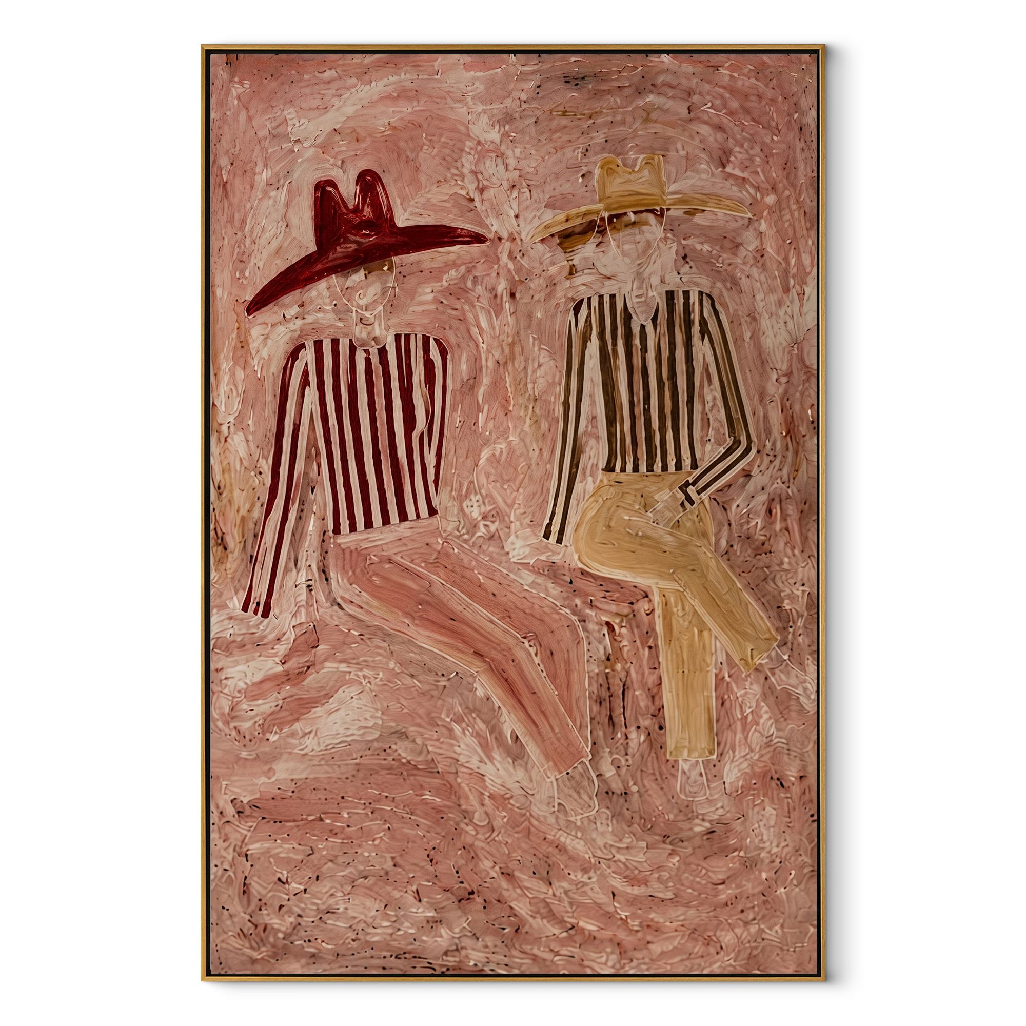 Two Hats Drift Blush - reclining hat figure pair painting by Elliot Vale, modern figurative vertical wall art - wood frame on white background