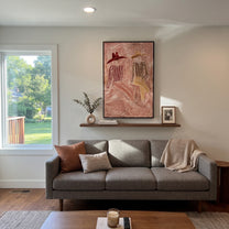 Two Hats Drift Blush - reclining hat figure pair painting by Elliot Vale, modern figurative vertical wall art - styled room scene view 2