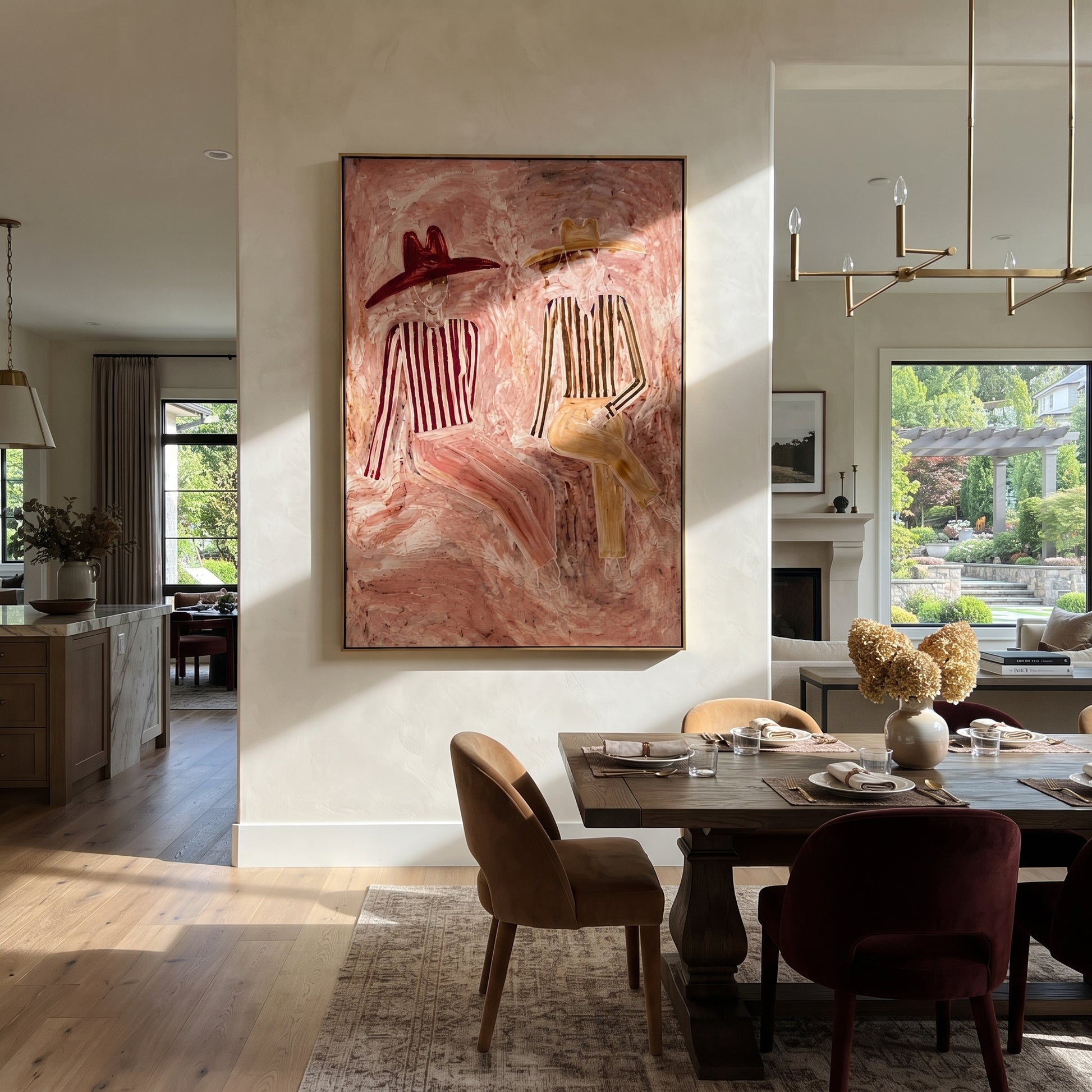 Two Hats Drift Blush - reclining hat figure pair painting by Elliot Vale, modern figurative vertical wall art - styled room scene view 3