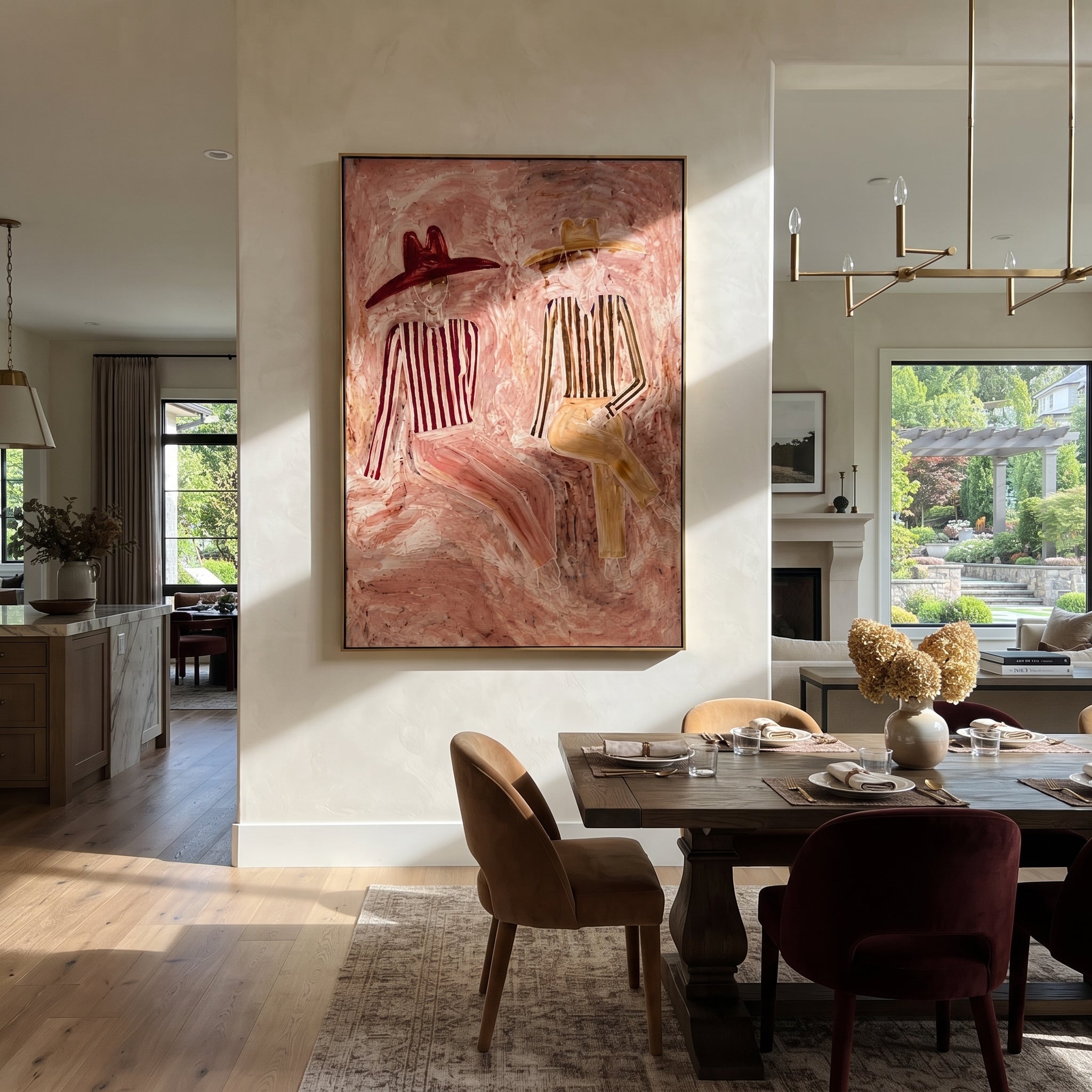 Two Hats Drift Blush - reclining hat figure pair painting by Elliot Vale, modern figurative vertical wall art - styled room scene view 3