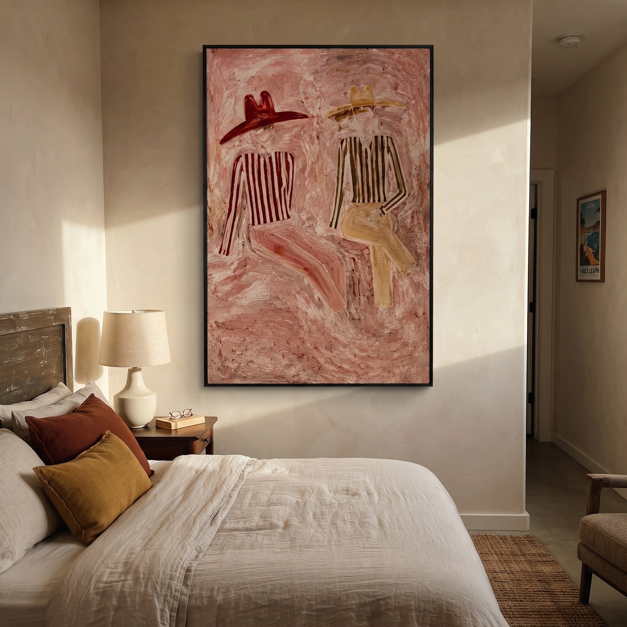 Two Hats Drift Blush - reclining hat figure pair painting by Elliot Vale, modern figurative vertical wall art - styled room scene view 4