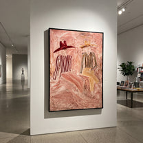 Two Hats Drift Blush - reclining hat figure pair painting by Elliot Vale, modern figurative vertical wall art - styled room scene view 5