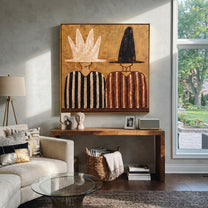 White Crown Meets Black - crown hat figure pair painting by Elliot Vale, modern figurative square wall art - styled room scene view 1