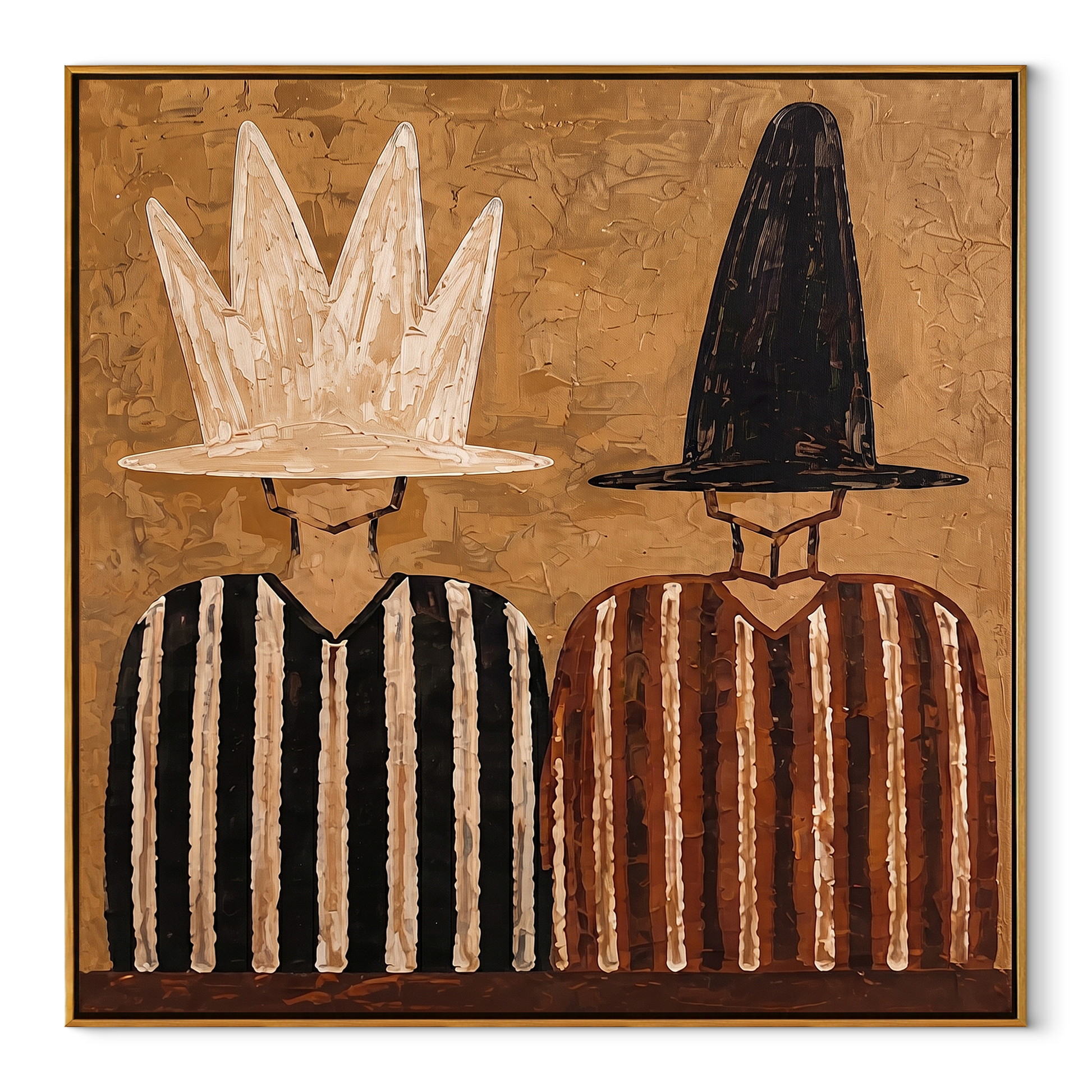 White Crown Meets Black - crown hat figure pair painting by Elliot Vale, modern figurative square wall art - wood frame on white background