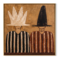 White Crown Meets Black - crown hat figure pair painting by Elliot Vale, modern figurative square wall art - wood frame on white background