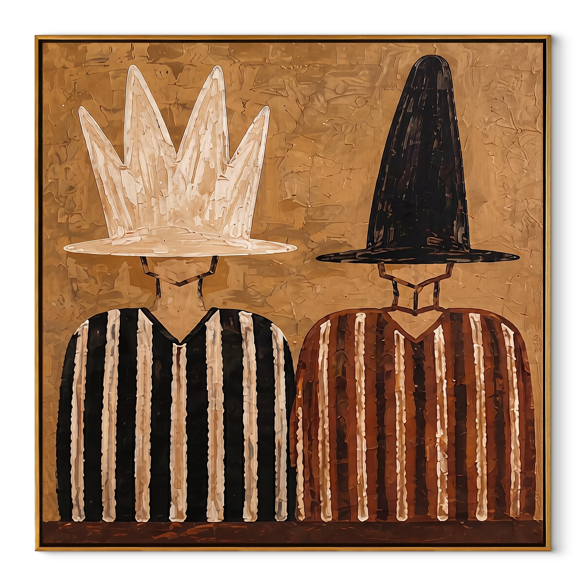 White Crown Meets Black - crown hat figure pair painting by Elliot Vale, modern figurative square wall art - wood frame on white background
