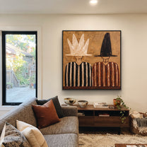White Crown Meets Black - crown hat figure pair painting by Elliot Vale, modern figurative square wall art - styled room scene view 2